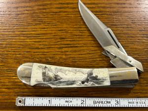 Custom Single-Blade Lockback Knife w\Scrimshaw Smooth Bone Scales 