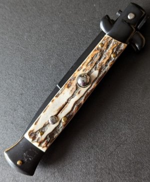 FRANK BELTRAME BLK TACTICAL 23CM 9" BAYONET AUTO IN EUROPEAN STAG HORN...NEW 