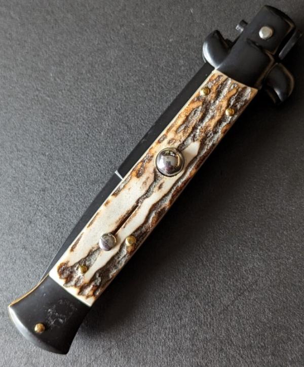 FRANK BELTRAME BLK TACTICAL 23CM 9" BAYONET AUTO IN EUROPEAN STAG HORN...NEW 