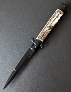 FRANK BELTRAME BLK TACTICAL 23CM 9" BAYONET AUTO IN EUROPEAN STAG HORN...NEW 