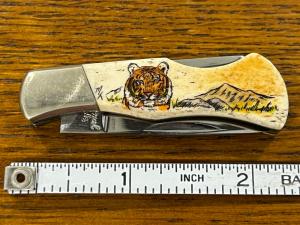 National Blade "The Siren" Tiger Scrimshaw Lockback Knife w/Smooth Bone Scales Japan