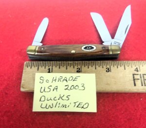 20 YRS OLD SCHRADE+ USA 2003 WOOD SCALES DUCKS UNLIMITED STOCKMAN UNUSED DUCK SHIELD BRASS BOLSTERS