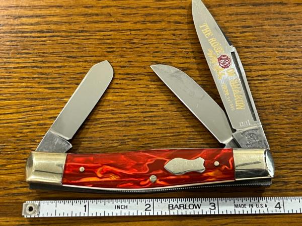 Fight'n Rooster Ltd Ed 1989 "Rose of Sharon" 3-Blade Stockman w/Red Celluloid Scales SN#001 Germany Fight'n Rooster Ltd Ed 1989 "Rose of Sharon" 3-Blade Stockman w/Red Celluloid Scales SN#001 Germany