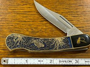 Parker Fly Fishing Stainless Steel Single-Blade Lockback w/Enameled Engraved Brass Scale Japan