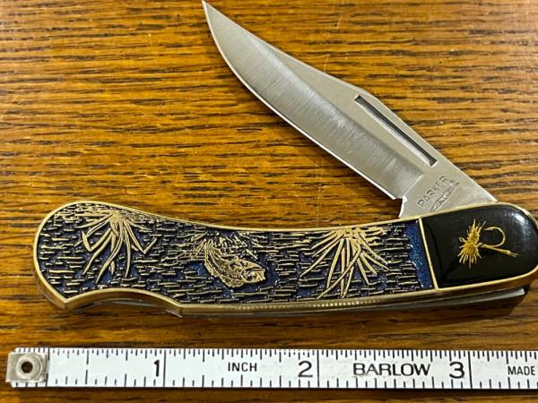 Parker Fly Fishing Stainless Steel Single-Blade Lockback w/Enameled Engraved Brass Scale Japan Parker Fly Fishing Stainless Steel Single-Blade Lockback w/Enameled Engraved Brass Scale Japan