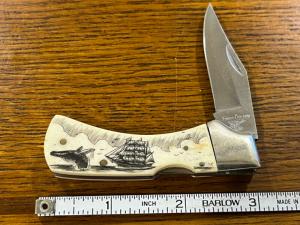 Frost Cutlery Whaling Scrimshaw Lockback Knife w/Smooth Bone Scales Japan 
