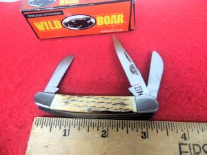 WILD BOAR 3-1/4" JIGGED BURNT CAMEL BONE CHICAGO STOCKMAN IN BOX FROM STORAGE