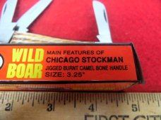 WILD BOAR 3-1/4" JIGGED BURNT CAMEL BONE CHICAGO STOCKMAN IN BOX FROM STORAGE WILD BOAR 3-1/4" JIGGED BURNT CAMEL BONE CHICAGO STOCKMAN IN BOX FROM STORAGE