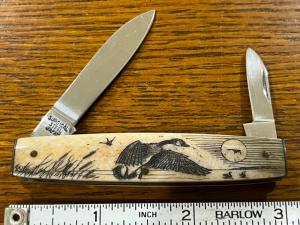 Parker-Frost Mink Goose Scrimshaw 2-Blade Doctor's Knife w/Smooth Bone Scales Japan