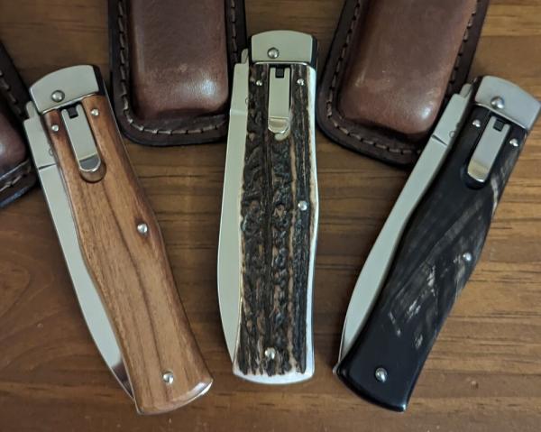 TRIO of Mikov 241 Predator Leverlock Automatic Knives w/Saw, Dark Horn, Stag, Cocobolo 3.75"Polished TRIO of Mikov 241 Predator Leverlock Automatic Knives w/Saw, Dark Horn, Stag, Cocobolo 3.75"Polished