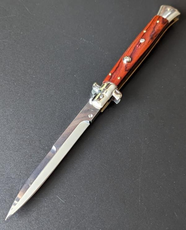 RED DOT 28cm/11inch ITALIAN STILETTO 5mm KICK SPRING BAYONET IN COCOBOLO WOOD 