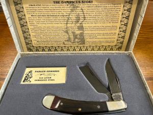 Parker-Edwards 1500D Folding Pocket Knife w/Two Damascus Blades & Wood Scales 