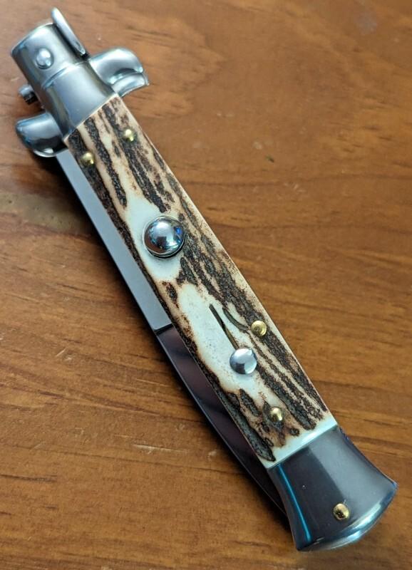 FRANK BELTRAME 23CM 9" BAYONET BLADE AUTOMATIC IN NICE STAG HORN...NEW FRANK BELTRAME 23CM 9" BAYONET BLADE AUTOMATIC IN NICE STAG HORN...NEW