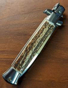 FRANK BELTRAME 23CM 9" BAYONET BLADE AUTOMATIC IN NICE STAG HORN...NEW FRANK BELTRAME 23CM 9" BAYONET BLADE AUTOMATIC IN NICE STAG HORN...NEW