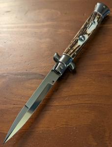 FRANK BELTRAME 23CM 9" BAYONET BLADE AUTOMATIC IN NICE STAG HORN...NEW FRANK BELTRAME 23CM 9" BAYONET BLADE AUTOMATIC IN NICE STAG HORN...NEW