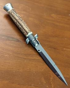FRANK BELTRAME 23CM 9" BAYONET BLADE AUTOMATIC IN NICE STAG HORN...NEW FRANK BELTRAME 23CM 9" BAYONET BLADE AUTOMATIC IN NICE STAG HORN...NEW