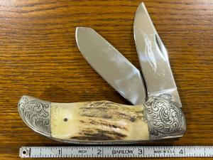 Parker-Brothers 2-Blade Clasp Knife w/Large Stag Scales & Engraved Bolsters