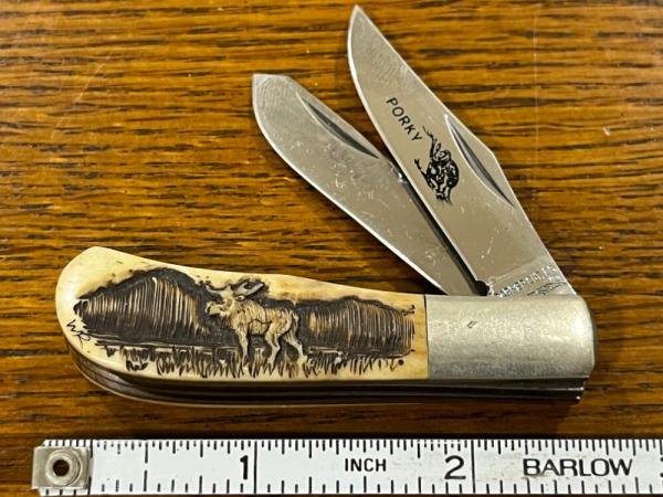 Parker Cut. Co. Porky Moose Scrimshaw 2-Blade Barlow Knife w/Smooth Bone Scales