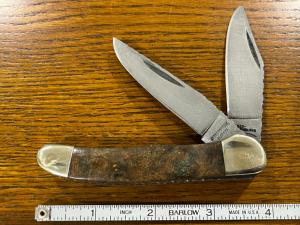 Parker-Brothers 2-Blade Damascus Copperhead Knife w/Burled Wood Scales & Custom Filework 