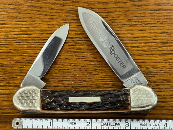 Fight'n Rooster Frank Buster Pre-1982 2-Blade Canoe Knife w/Pick Bone Scales & Etched Bolsters Germa Fight'n Rooster Frank Buster Pre-1982 2-Blade Canoe Knife w/Pick Bone Scales & Etched Bolsters Germa