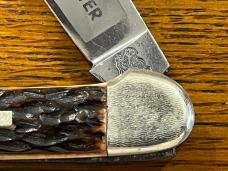 Fight'n Rooster Frank Buster Pre-1982 2-Blade Canoe Knife w/Pick Bone Scales & Etched Bolsters Germa Fight'n Rooster Frank Buster Pre-1982 2-Blade Canoe Knife w/Pick Bone Scales & Etched Bolsters Germa