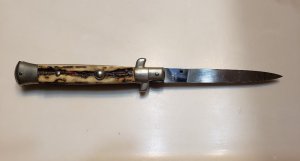 Older 9" Rostfrei Import Red Dot Stag Horn Switchblade 
