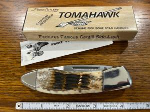 Frost Cutlery SL-1/PB Tomahawk Spearpoint Cargill Side-Lock Knife w/Pick Bone Stag Scales Japan