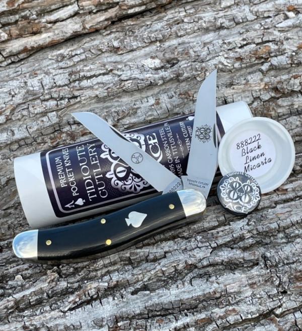 GEC ** TIDIOUTE CUTLERY 888222 BLACK LINEN MICARTA ACE OF SPADE SHIELD 1095 CARBON BAYOU TRAPPER GEC ** TIDIOUTE CUTLERY 888222 BLACK LINEN MICARTA ACE OF SPADE SHIELD 1095 CARBON BAYOU TRAPPER