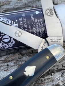 GEC ** TIDIOUTE CUTLERY 888222 BLACK LINEN MICARTA ACE OF SPADE SHIELD 1095 CARBON BAYOU TRAPPER