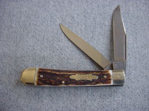 Vintage INCREDIBLE BULLDOG BRAND, OLD DOMINION(ODKCA), Stag, Etched, Trapper Pocket Knife