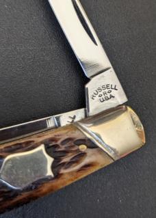 SUPER RARE RUSSELL 2 BLADE BULLET/TOBACCO LEAF PATTERN 2 BLADE JACKKNIFE IN CRACK FREE JIGBONE SUPER RARE RUSSELL 2 BLADE BULLET/TOBACCO LEAF PATTERN 2 BLADE JACKKNIFE IN CRACK FREE JIGBONE
