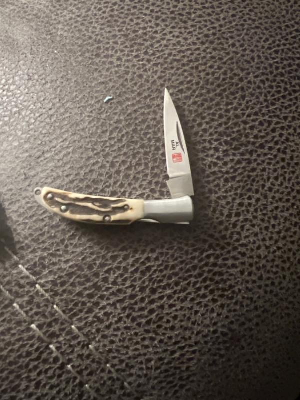 ALMAR Fat & Gnarly Stag 2" Long Lockback With Leather Sheath FM CO JAPAN ALMAR Fat & Gnarly Stag 2" Long Lockback With Leather Sheath FM CO JAPAN