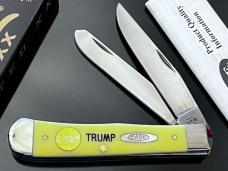New Case XX USA TRUMP With 2025 Gold Dipped Inlaid Medallion Yellow Trapper Stainless 4-1/8” New Case XX USA TRUMP With 2025 Gold Dipped Inlaid Medallion Yellow Trapper Stainless 4-1/8”