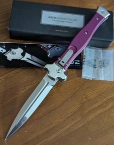 AGA Campolin "Zero" Dagger Leverlock Automatic Knife Viola Alum., 3.75 polished Dagger Blade 