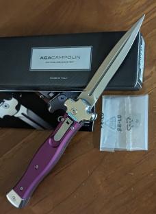 AGA Campolin "Zero" Dagger Leverlock Automatic Knife Viola Alum., 3.75 polished Dagger Blade 