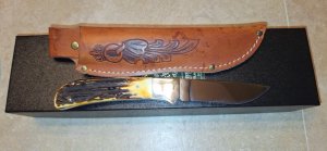 (SOLD)Queen Cutlery Co. # 4180 Drop Point Hunter-D2 Blade-Stag Handles-Leather Sheath with box