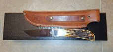 (SOLD)Queen Cutlery Co. # 4180 Drop Point Hunter-D2 Blade-Stag Handles-Leather Sheath with box (SOLD)Queen Cutlery Co. # 4180 Drop Point Hunter-D2 Blade-Stag Handles-Leather Sheath with box