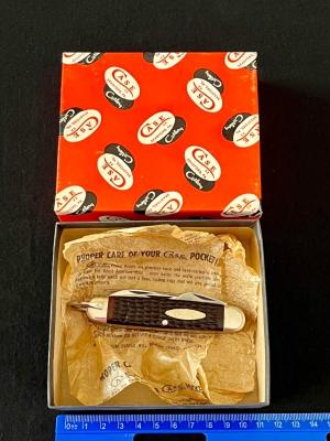 Case XX USA 2 Dot 640045 R Camp Scout Jack Knife with Red Brown Jigged Scales and Pumpkin Box