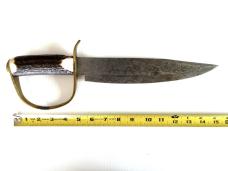 Custom Bowie Knife w/Damascus Blade w/Stag Handle & Brass Cutlass Style Guard Custom Bowie Knife w/Damascus Blade w/Stag Handle & Brass Cutlass Style Guard