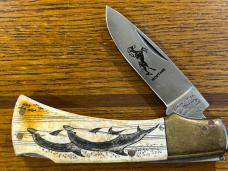 Parker Cut. Co. Mustang Lockback Folding Knife w/Scrimshaw Porpoise Scales Japan Parker Cut. Co. Mustang Lockback Folding Knife w/Scrimshaw Porpoise Scales Japan