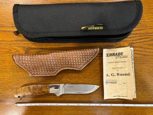 D'Holder Schrade A. G. Russell Limited Ed Drop Point Hunting Knife w/Burled Maple Handle -- RARE!!!