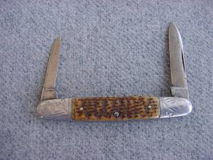 Antique ULSTER KNIFE CO., Engraved Aluminum Elongated Bolsters, Finely Jigged Pick-Bone, Pen Knife