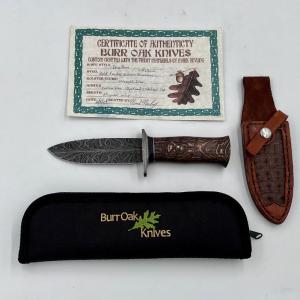 Custom Feather Damascus Drop Point, Burr Oak Knives, USA Mark Nevling