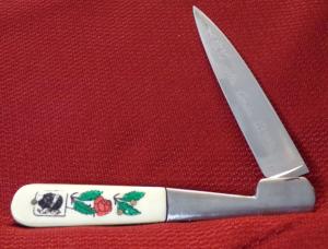 VINTAGE VENDETTE CORSA KNIFE ETCHED BLADE , SCHRIMSHAWED MICRATA HANDLES, CHECK OR MONEY ORDER