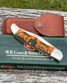 CASE XX ** 2008 HALLOWEEN PERSIMMON ORANGE PUMPKIN CARVER LARGE FOLDING HUNTER W/SHEATH ADE ONLY CASE XX ** 2008 HALLOWEEN PERSIMMON ORANGE PUMPKIN CARVER LARGE FOLDING HUNTER W/SHEATH ADE ONLY