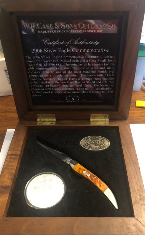 New in wooden display 2006 Case Silver Eagle Commemorative and Toothpick Set New in wooden display 2006 Case Silver Eagle Commemorative and Toothpick Set