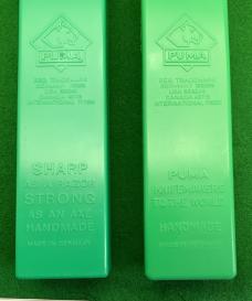 Two Empty PUMA Green and Yellow Plastic Knife Boxes and one Puma Sheath. All in Great condition. .. Two Empty PUMA Green and Yellow Plastic Knife Boxes and one Puma Sheath. All in Great condition. ..