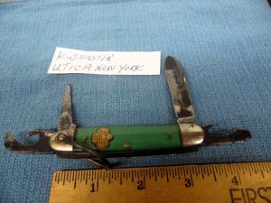 3-3/4" KUTMASTER UTICA NY SCOUT KNIFE USED GREEN SCALE YEAR UNKNOWN