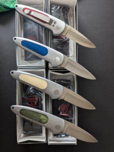 LOT OF 4 BOKER TOP LOCK II AUTOMATICS IN GREEN, RED, WHITE AND BLUE BONE MADE IN GERMANY LOT OF 4 BOKER TOP LOCK II AUTOMATICS IN GREEN, RED, WHITE AND BLUE BONE MADE IN GERMANY