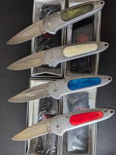 LOT OF 4 BOKER TOP LOCK II AUTOMATICS IN GREEN, RED, WHITE AND BLUE BONE MADE IN GERMANY LOT OF 4 BOKER TOP LOCK II AUTOMATICS IN GREEN, RED, WHITE AND BLUE BONE MADE IN GERMANY